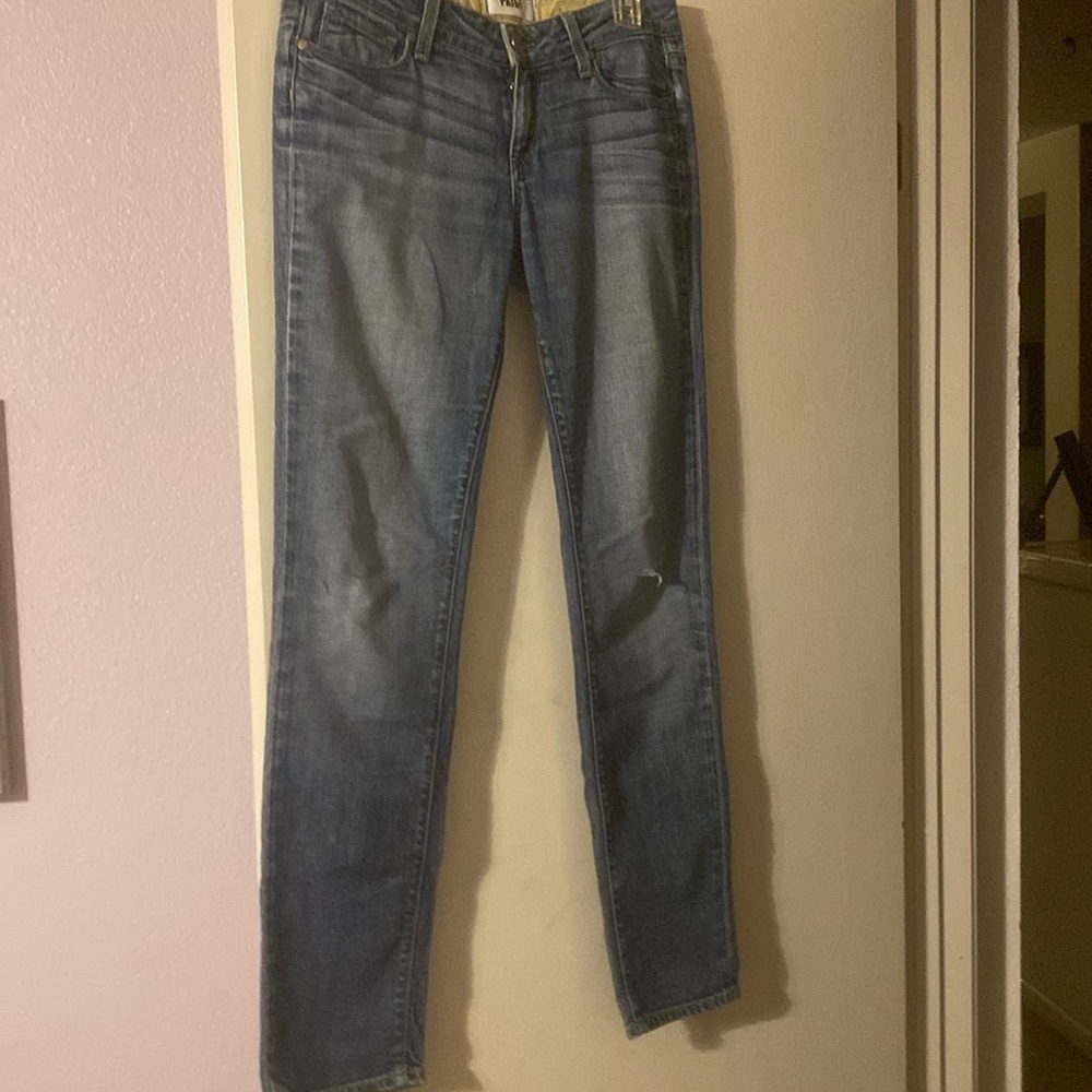 Paige Skinny Jeans. Distressed knee. Good condition.